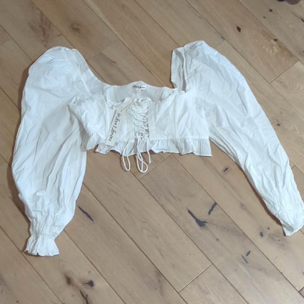 NWT White Corset Lace-Up Puff Sleeve Top - Picture 2 of 3